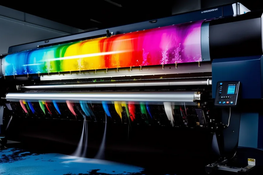 Großformatdrucker beim Druck eines farbigen Motivs auf Bannermaterial